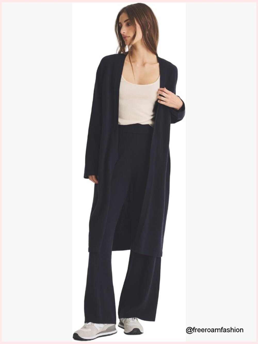 Machine Washable Cashmere Long Cardigan Open Front Ribbed Trim Clean Silhouette